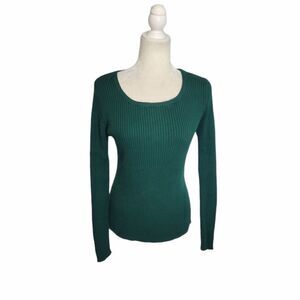 VINTAGE 90s Y2K green sweater ribbed long sleeve scoop neck cotton M‎